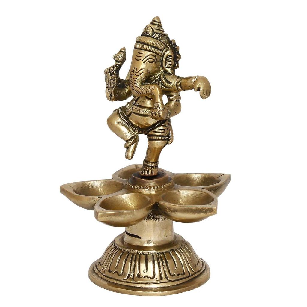 Golden Brass Handcrafted Dancing Lord Ganesha Idol With Diya Of 5 Wicks - Auspicious Decorative Diya, Deepak, Deepam For Home, Office, Temple Decor