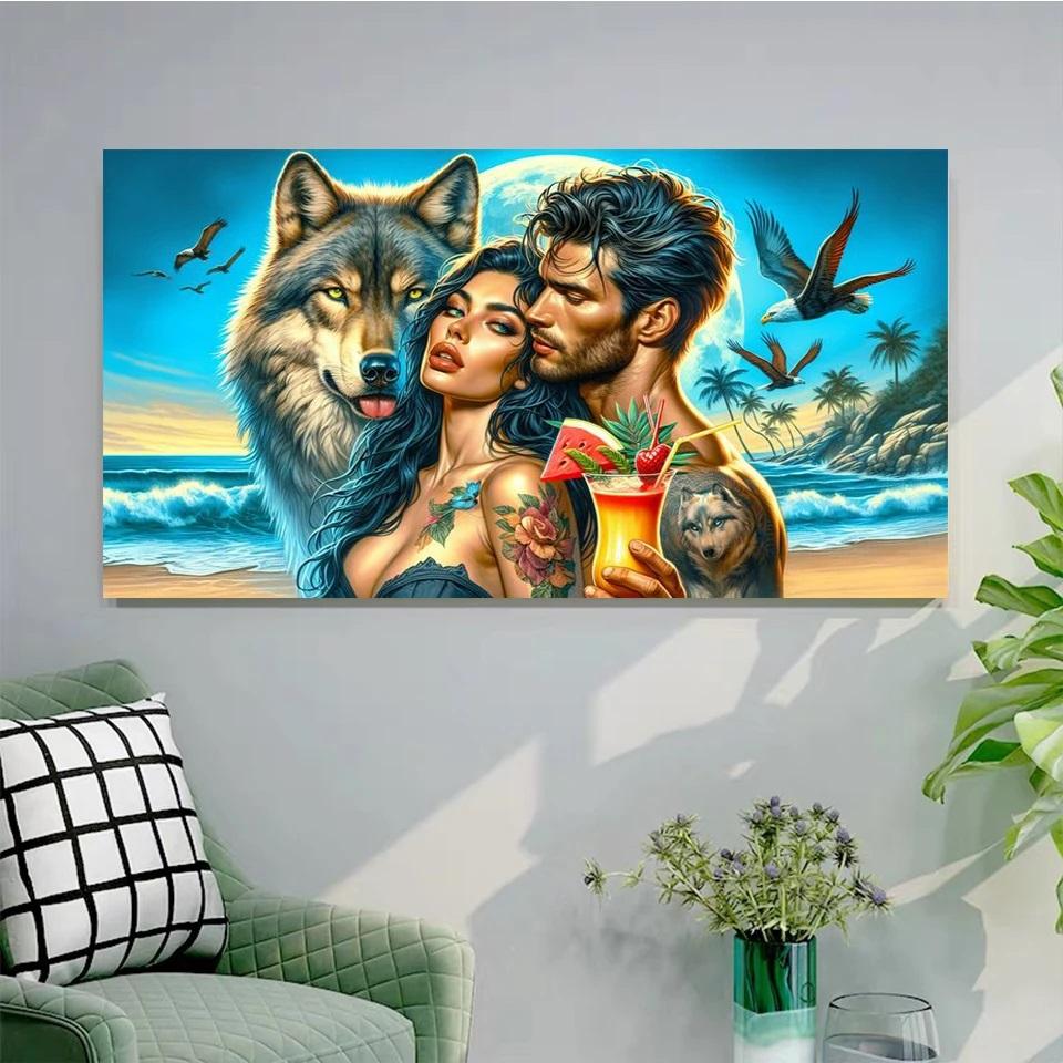 Romantic Couple And Wolf Diamond Painting New 2024 5D Large Diy Seaside Coconut Tree Landscape Full Diamond Mosaic Embroidery