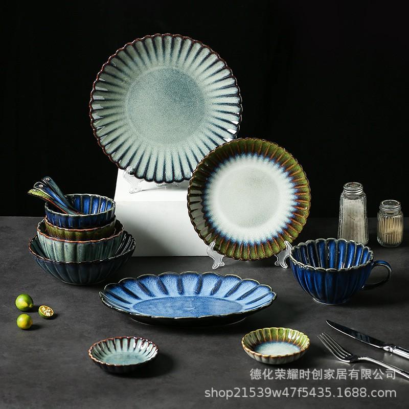 Japanese Retro Ceramic Dinnerware Set Handmade Glazed Stoneware Bowls Plates Home Dining Tableware
