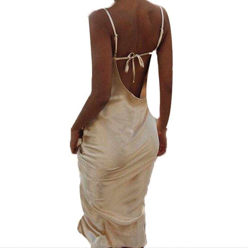 Abito Lungo Estivo da Donna in Raso Sexy Senza Maniche Schiena Nuda Spallina Sottile Seta Abiti a Sirena Femminile Discoteca Festa Abito Lungo