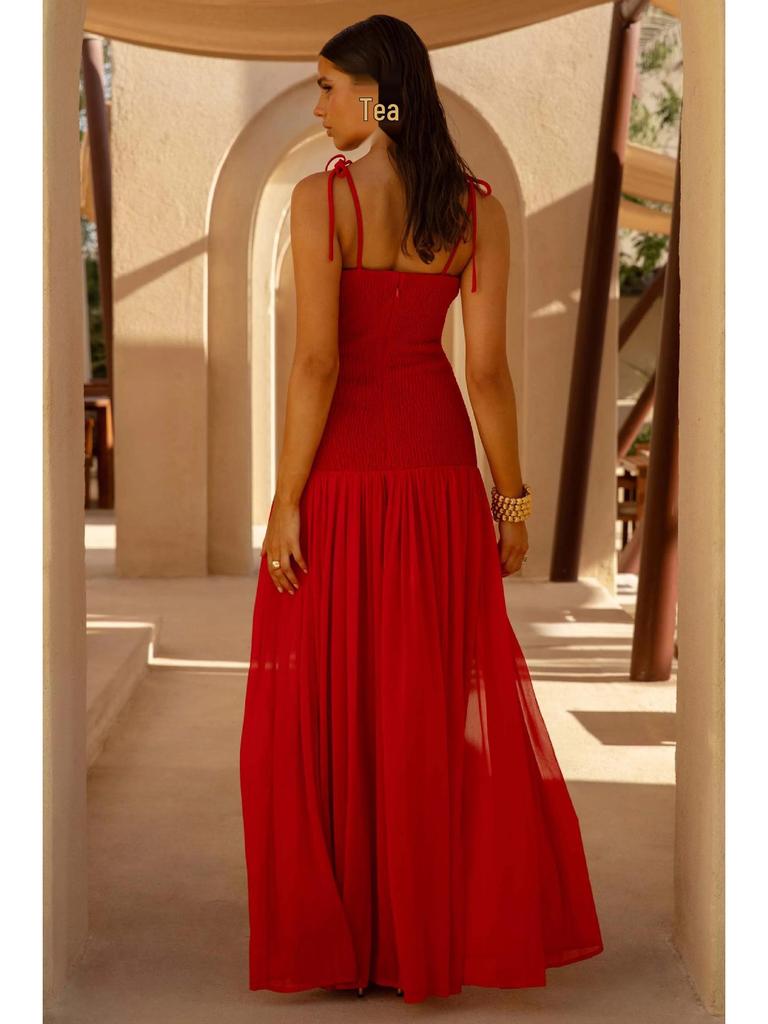 2026 Spring Women's Sleeveless Pleated Mesh Dress with Spaghetti Straps