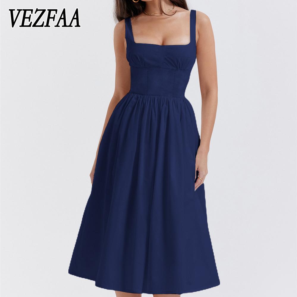 

VEZFAA женские модные летние повседневные платья без рукавов на подтяжках с квадратным воротником и высокой талией