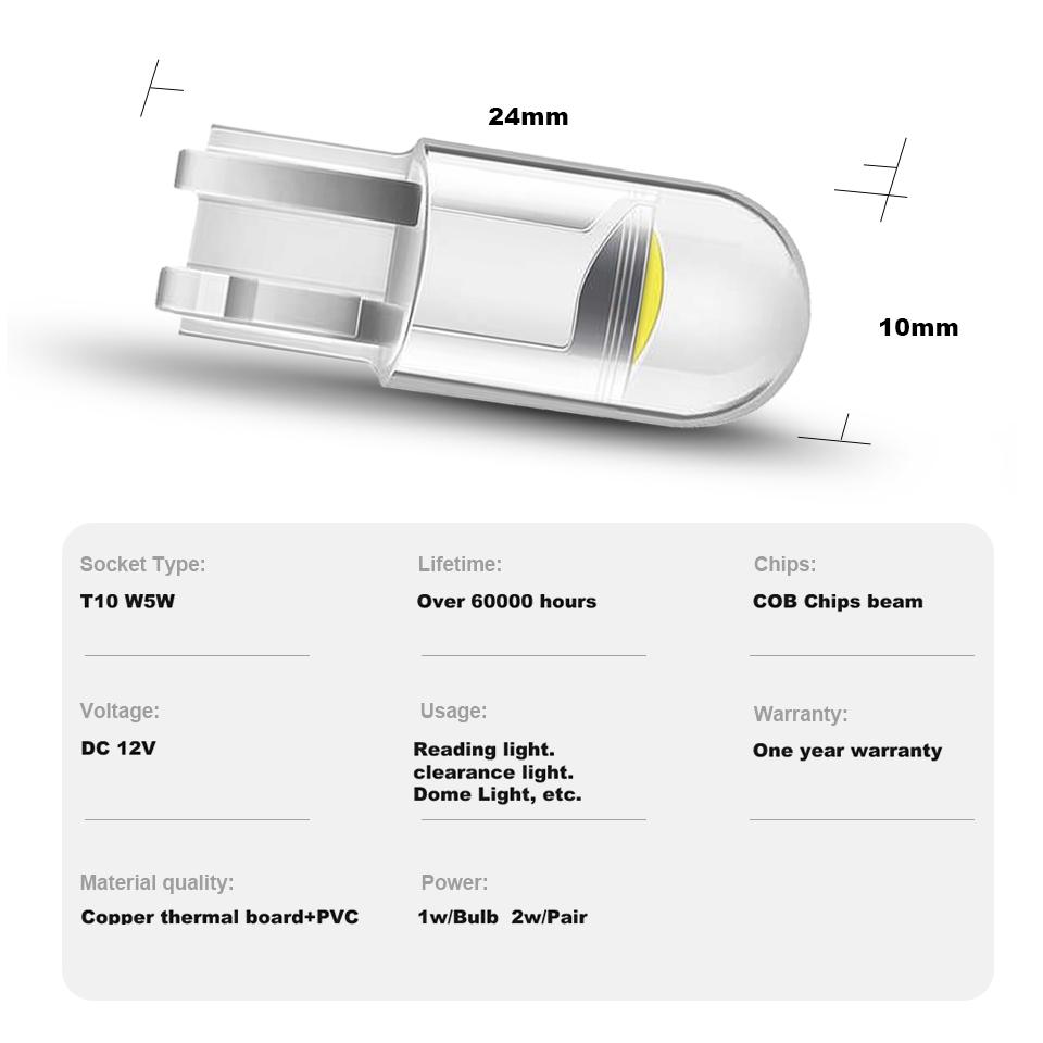 2X W5W 194 T10 Carcasă de sticlă Cob Bec cu led pentru mașină Alb Albastru Roșu Lampă pentru plăcuță de înmatriculare cu pană