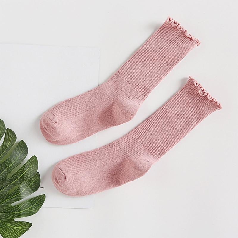 Ruffle Ankle Socks for Women Cotton Soft Solid Color Ribbed Knitted Lettuces Edge Low Cut Middle Tube Frilly Crew Socks