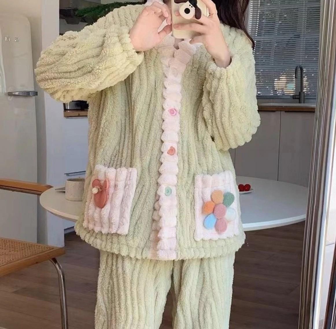 

Women s Thickened Coral Fleece Cardigan Pajama Set: Warm, Fluffy, Wearable Outside One Size