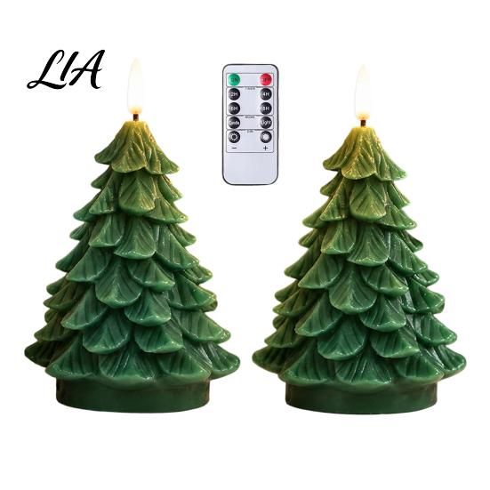 Indoor Holiday Lighting Christmas Tree Candles, Flameless LED Flickering Wax Candles with Remote Control, Battery Operated Realistic Pine Decor