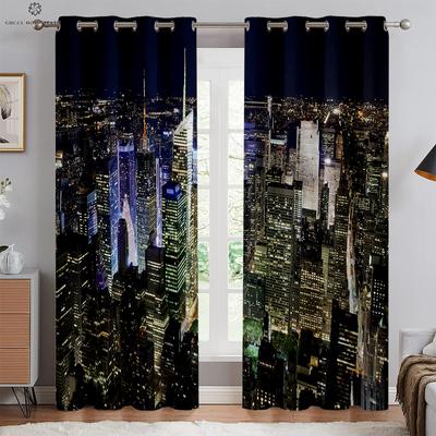 Stadsgebouw Nachtzicht Zeezijde 3D Geprinte Gordijnen Woonkamer Keuken Slaapkamer Decoratieve Gordijnen Makkelijk te Wassen en Onderhouden 2 Stuks
