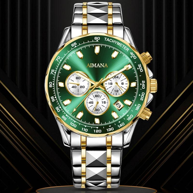 Men's Chronograph Quartz Watch Calendar Waterproof Luminous Stainless Steel Strap Luxury Wrist Watch for Men