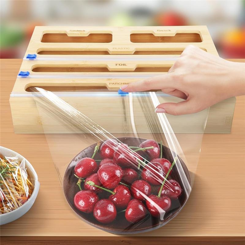 Aluminum Foil Organizer Bamboo 40 Cm Kitchen Roll Cling Film And Foil Organiser Plastic Wrap Dispenser With Cutter