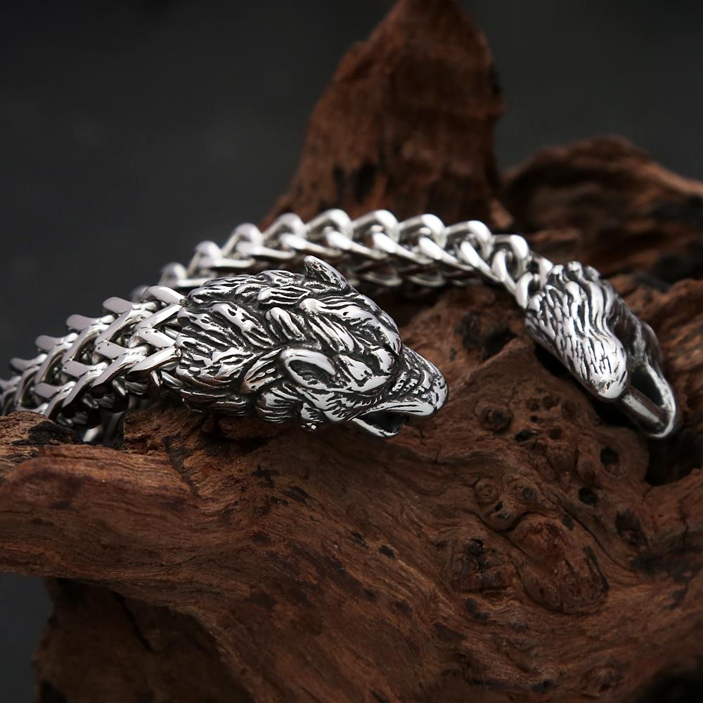 Punk Vintage Viking Wolf Head Bracelet Stainless Steel Men's Animal Wristband Charm Trendy Mesh Chain Bangles  Jewelry