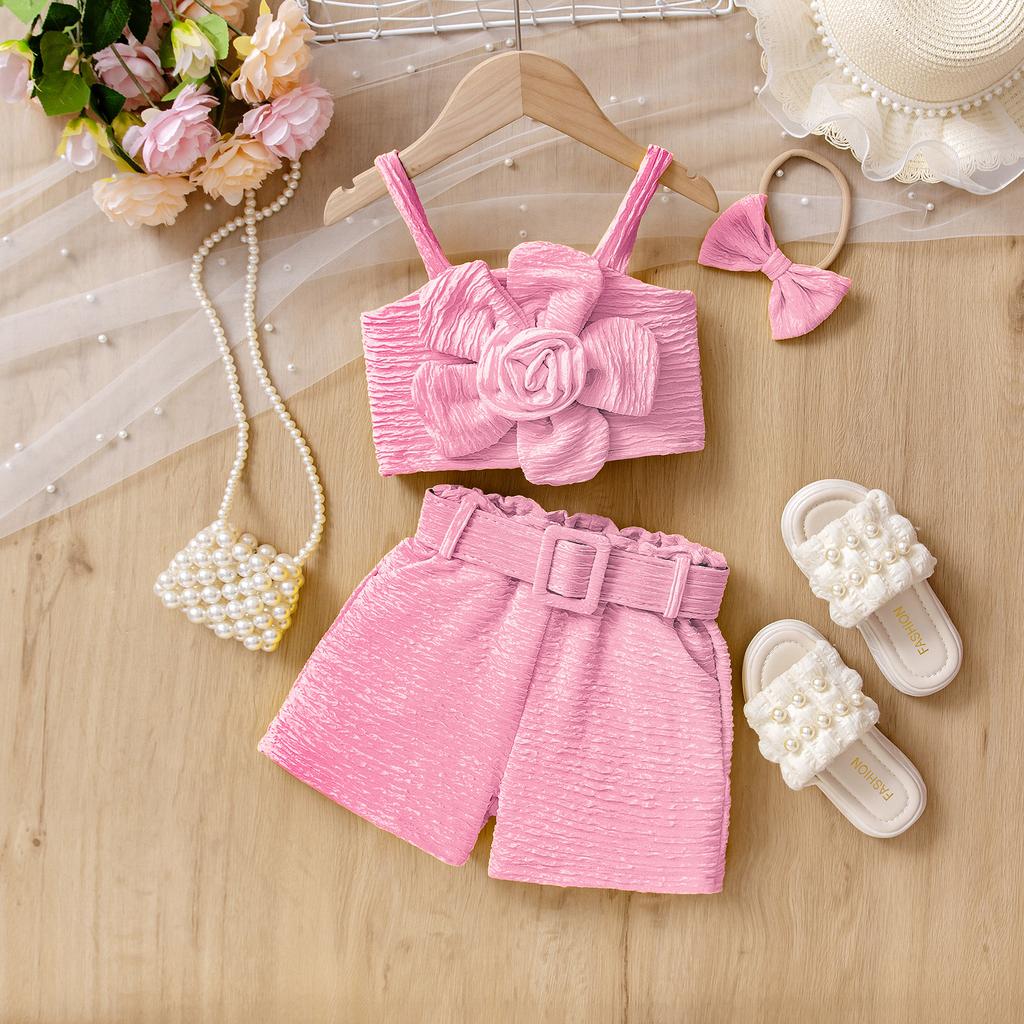Girls' Fashionable Set Summer Children's Multi-color Three-dimensional Flower Halter Top + Shorts + Headwear
