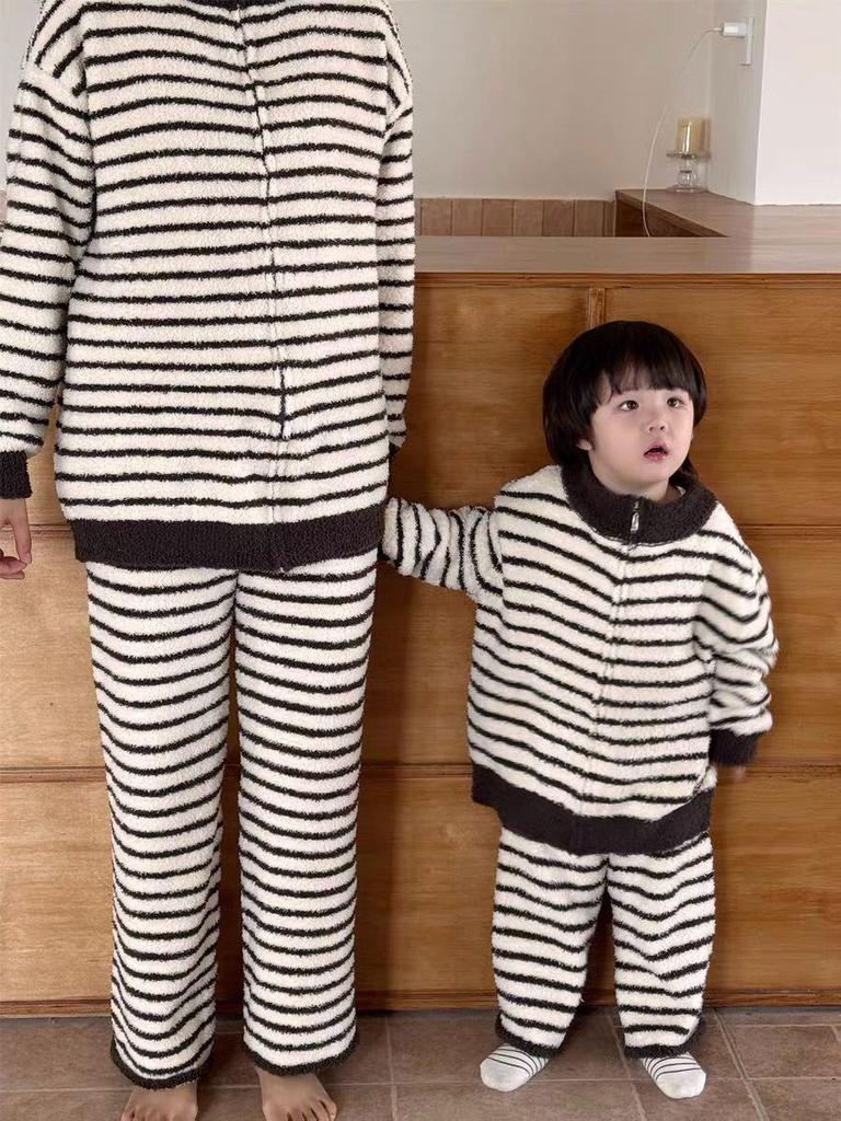 Kids' Coral Fleece Pajamas: Striped Zipper Parent-Child Set for Autumn and Winter