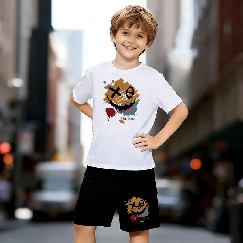 

Boys 2 Piece Graffiti Smiley Face Print Outfit, Short Sleeve T-Shirt and Shorts Set for Kids Age 5-14,Black and White Sporty Casual Summer Clothes 13-14 Years