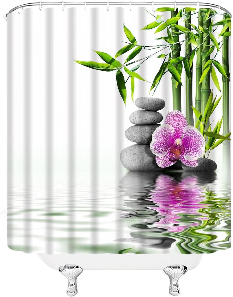 Zen Shower Curtains Green Bamboo Purple Flower Stone Reflection Water Landscape Spa Garden Pattern Print Bathroom Accessories