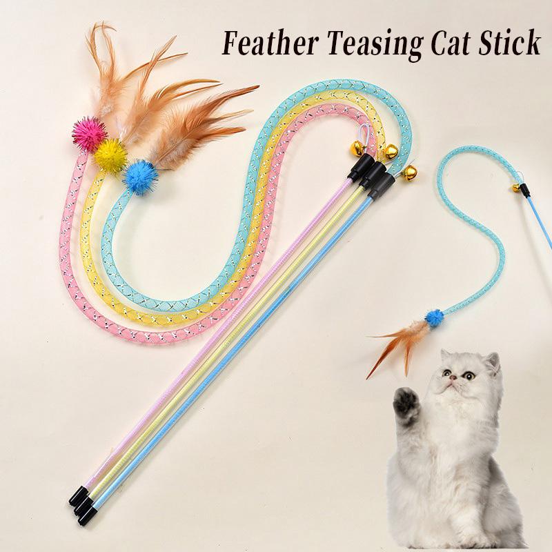 3pcs Mix Feather Teasing Cat Stick Elastic Mesh Tube With Feathered Furry Ball Cat Toy Rod Kitten Interactive Toys Pet Wand