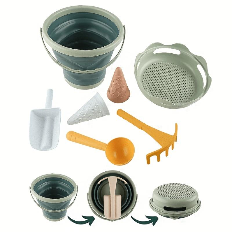 7pcs collapsible beach toy set with bucket, shovel & rake, space-saving portable for camping, random color, great gift for kids