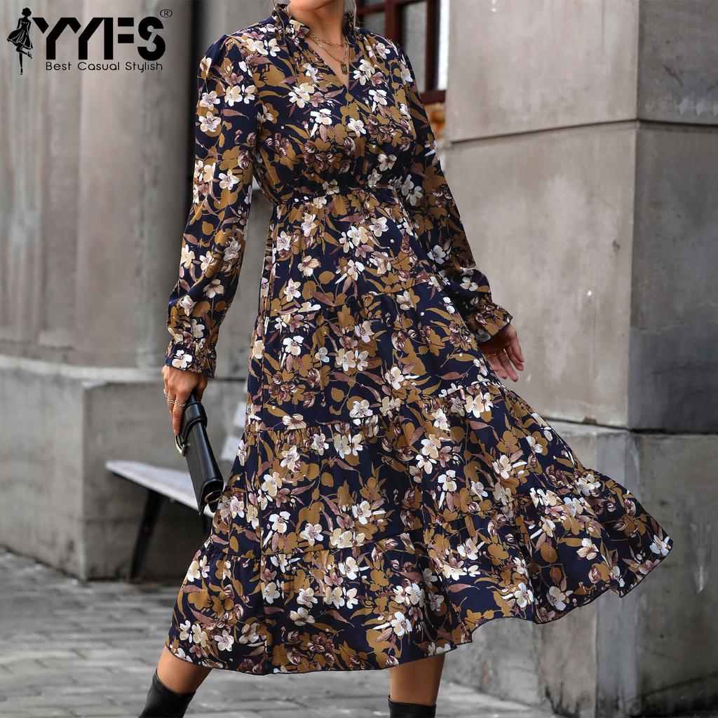 YYFS Dámská móda Jaro Podzim Květinový potisk Dlouhý rukáv Výstřih do V Střední pas Neformální šaty