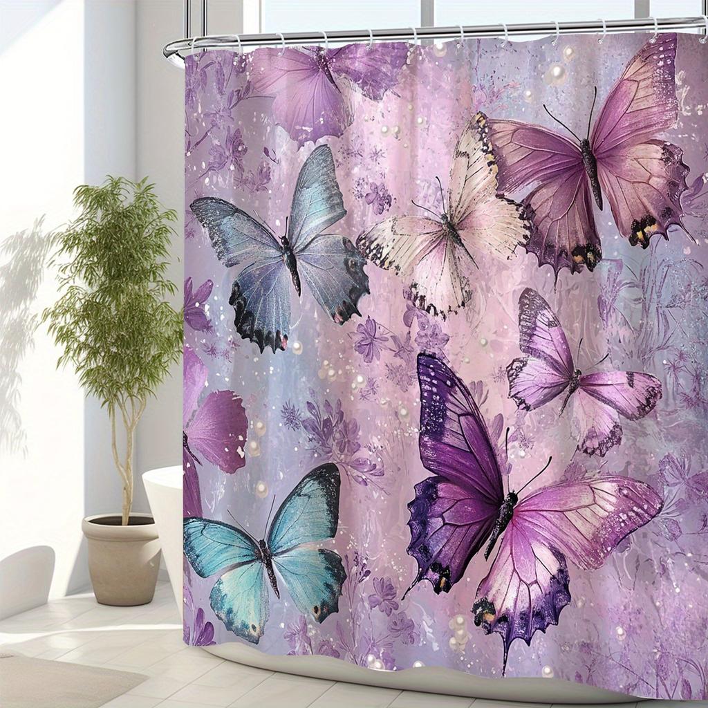 1 Piece Stain Resistant Polyester Shower Curtain with Hooks - Vivid Purple Butterfly Floral Digital Print, Shower Privacy