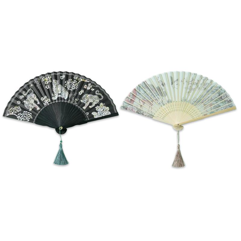 Korean Traditional Bamboo Folding Fan Korean alphabet (Hangeul), Sipjangsaeng & Hojakdo (7 Options)