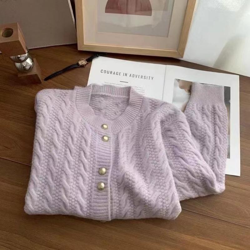 Autumn and Winter New Retro Twist Double Button Knitted Cardigan Women's Crew Neck Versatile Loose Sweater Jacket Tide