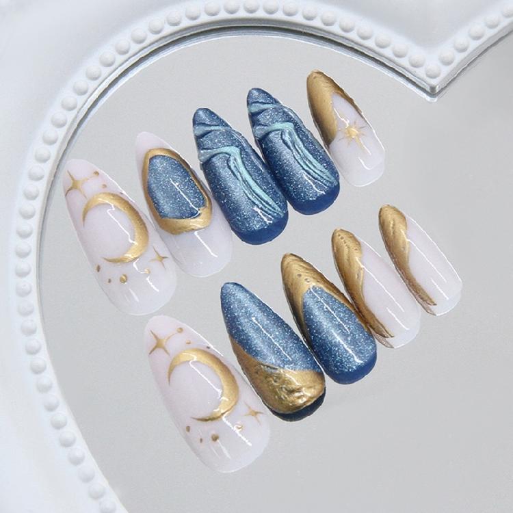 24 Piezas de Uñas Postizas Incluyendo Diseño Ojo de Gato Brillante y Estrellas del Mar Profundo Glamurosas en Material ABS para Aplicación Rápida y Looks Listos para Fiesta