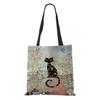 Women Handbag Linen Totes with Cat Print Casual Traveling Beach Gift Bags KTY