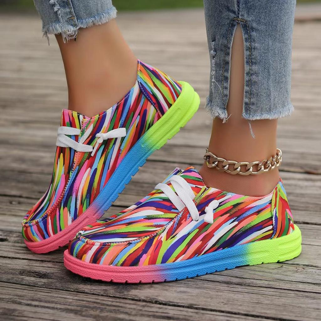 Fashion 2025 Women's Ethnic Rainbow Canvas Shoes Autumn New Round Headed Multi Color Printed Lace Up Casual Wear Women's Flat Shoes