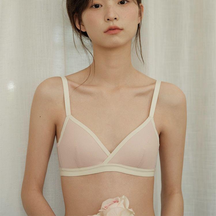 

Сексуальный подростковый бюстгальтер во французском стиле, не оттопыривающийся, легкий, без косточек, пуш-ап, с треугольными чашками с цветовыми блоками 32/70 розовый