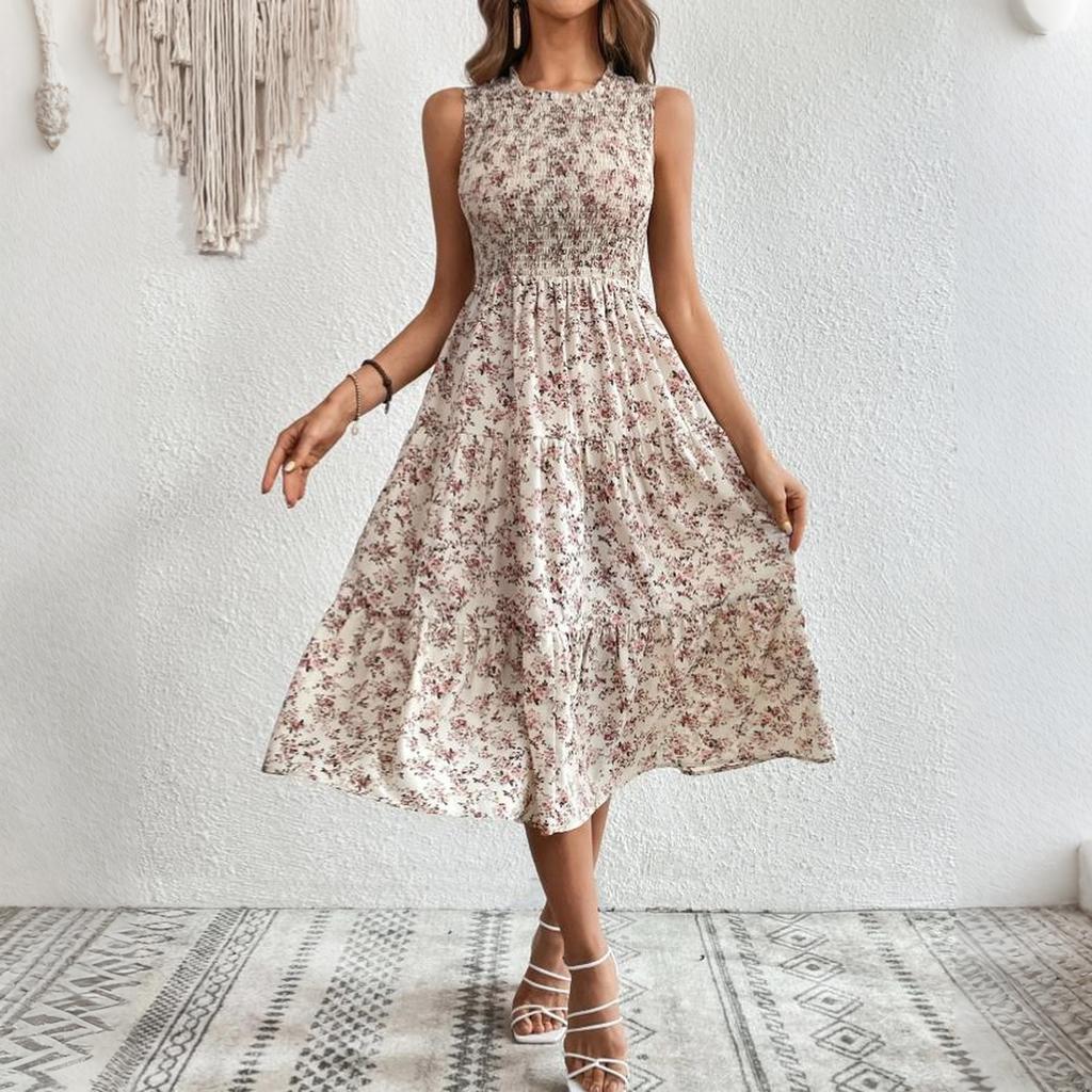 Women Sleeveless Crew Neck Ruched High Waist Floral Print Midi Dress Elegant Casual Loose Fit Sundress for Daily Wear