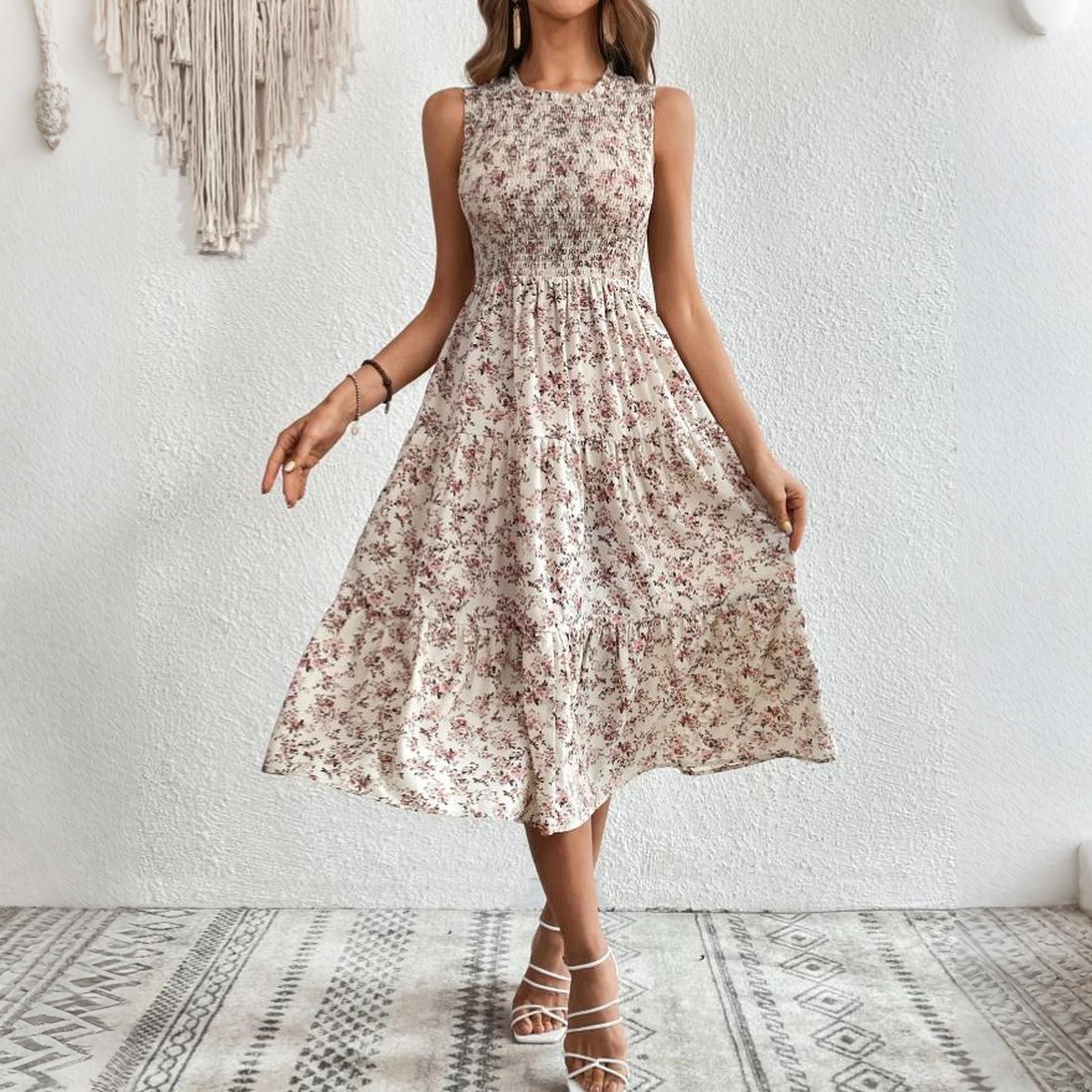 

Women’s Sleeveless Round Neck Shirred High Waist Floral Midi Dress Lightweight Casual Summer Sundress for Daily Wear XXL білий