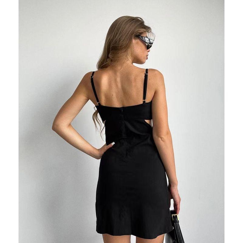 Fashion Wind Summer New Sexy Little Black Dress with Suspenders Waist-Tight Hollow Dress Sling Sexy Dress