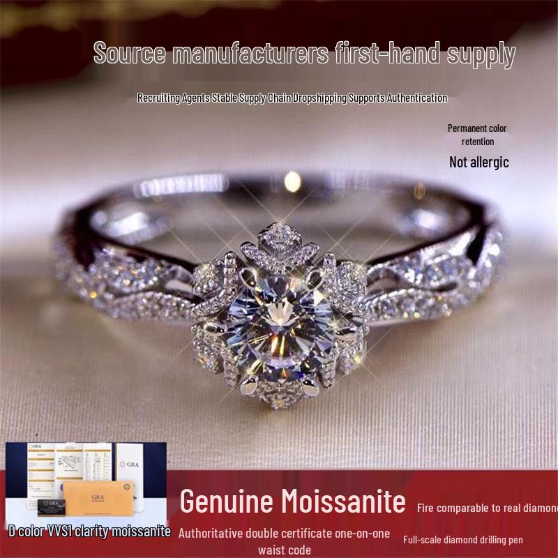 Women's Vintage-Style Platinum Ring with D Color Moissanite Diamond - Perfect for Proposals or Engagements.