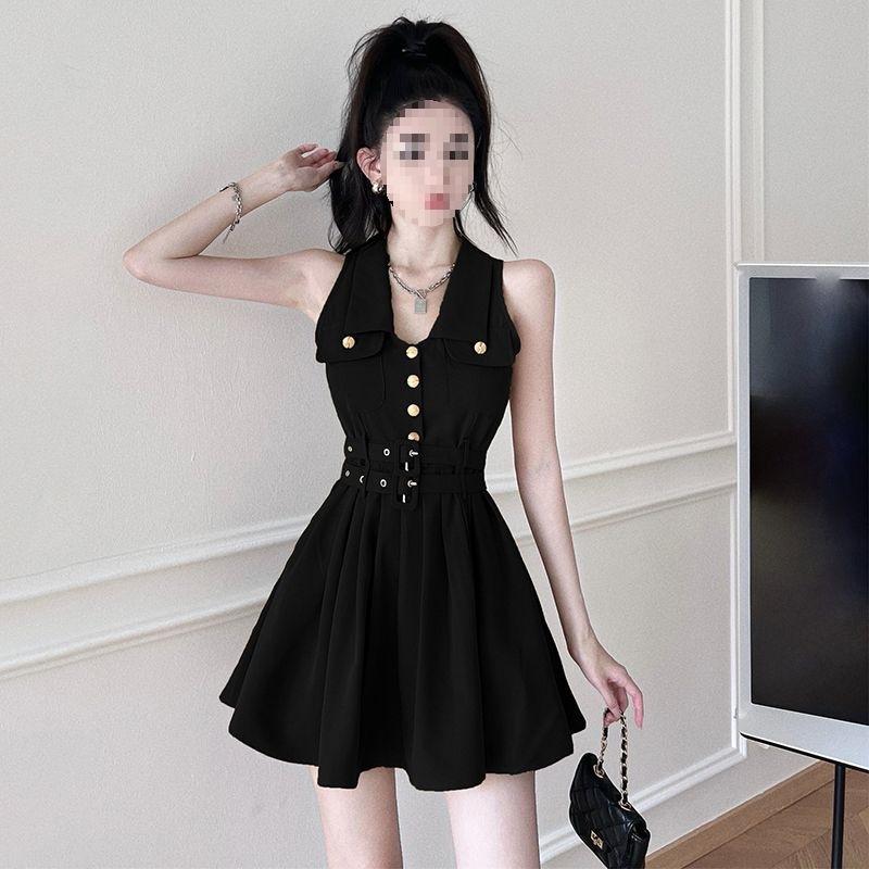 Royal sister light and familiar style skirt women s summer French retro lapel girl pleated skirt temperament waist and thin dress S