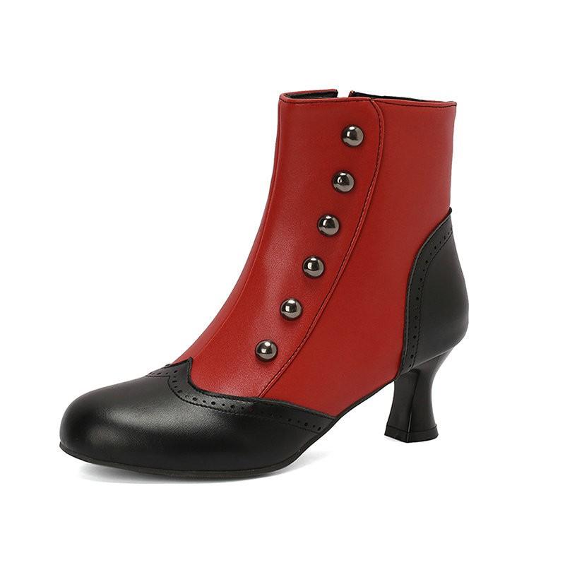 Womens Short Ankle Boots Rivet Color Block Chunky Heel Side Zip Fashion Fall Winter