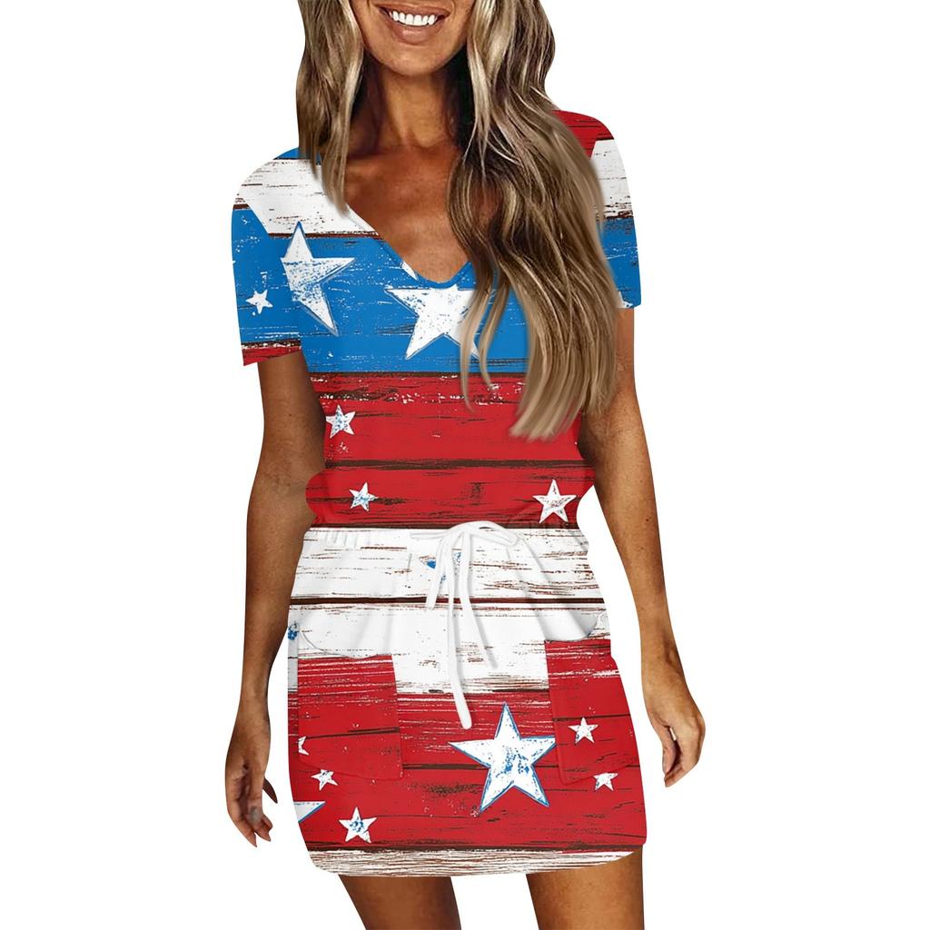 Women's Summer Casual Fashion Independence Day Printed Drawstring V Neck Short Sleeve Dress