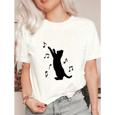 Schwarzes Oversized T-Shirt mit Katzen- und Notendruck für Freizeitkleidung