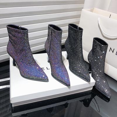Mode Pailletten Frauen Stiefeletten Mode Spitzschuh Kurze Booties Herbst Winter High Heel Damen Schuhe Botas Mujer
