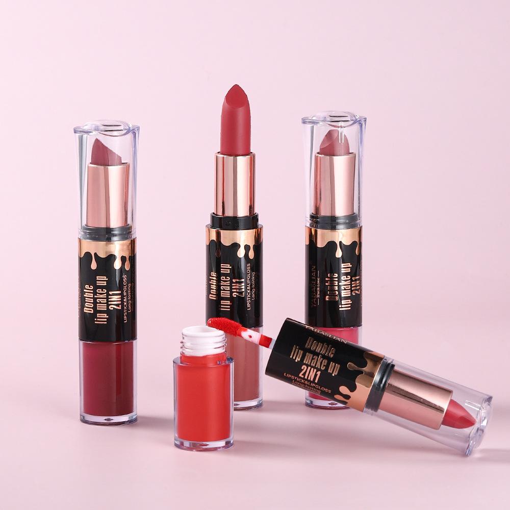 Double Head Matte Lip Glaze Non-stick Cup Velvet Mist Lip Glaze 2-i-1 vanntett, langvarig fuktighetsgivende lipgloss