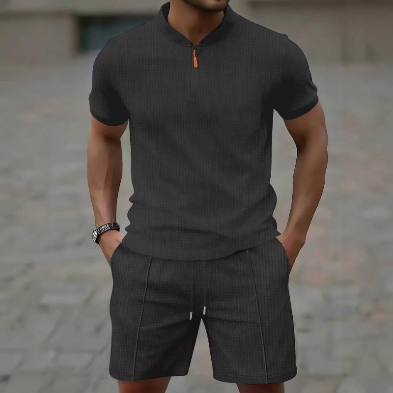 Mens Casual Half Zip Short Sleeve Top And Shorts Two Piece Set