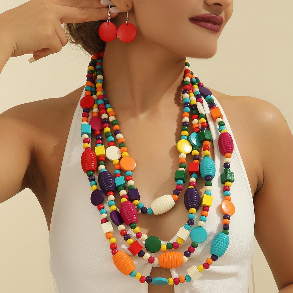 Handmade Geometric Wooden Bead Long Necklace Alloy Pendant For Women Decoration