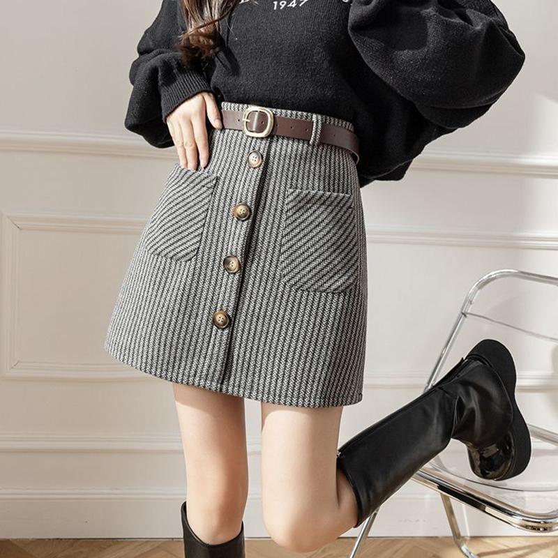 Striped Autumn Winter Skirts Womens Mini Slim Belt A-line Skirts Chic Korean Fashion Button Pocket Women Skirt