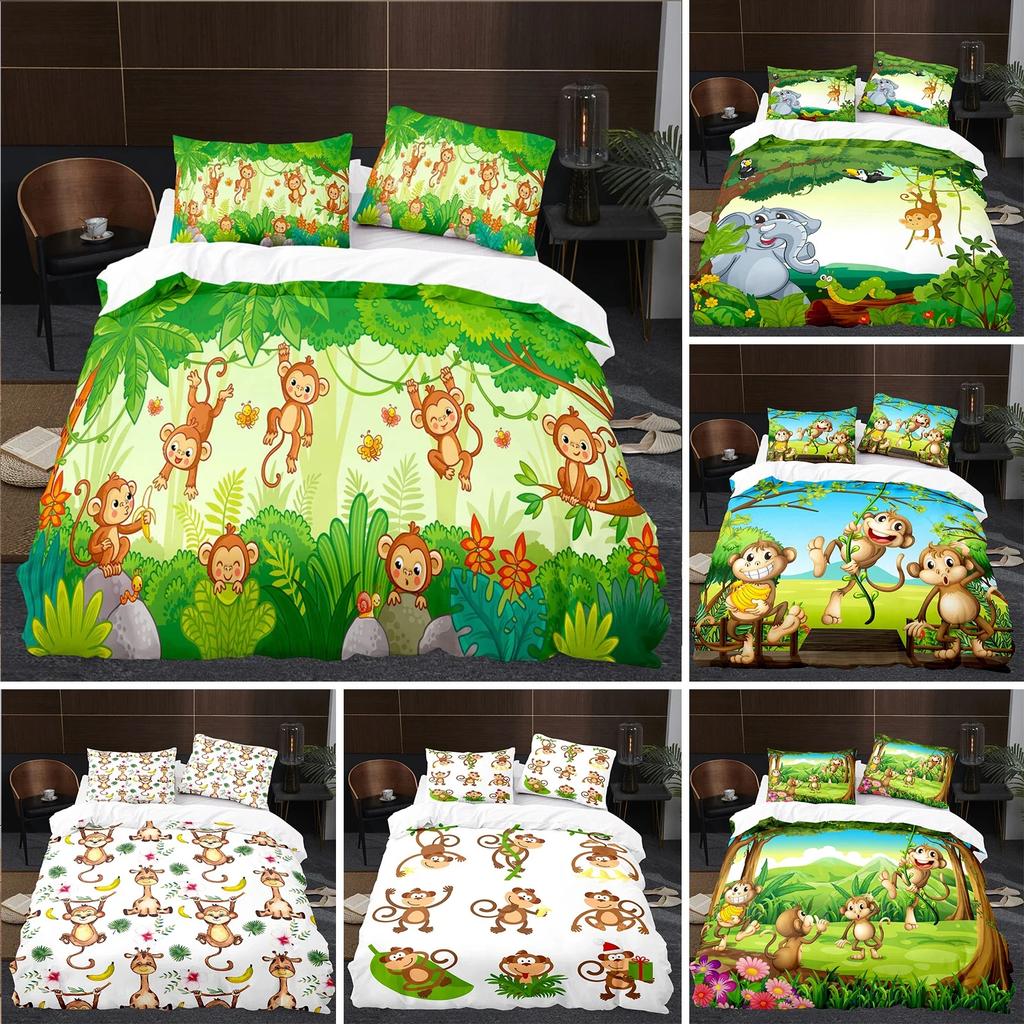 Affe Lieblich Cartoon Tier Bequem Bettdecke Bettbezug Kissenbezug Bettwäsche-Set Kinder Schlafzimmer Dekoration Heimtextil