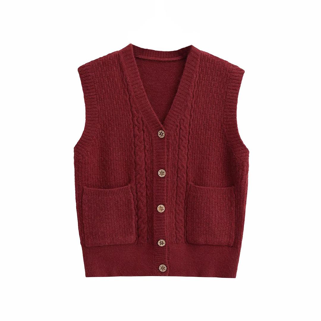 

2024 Зимний женский европейский и американский модный жилет на пуговицах с V-образным вырезом One size красный