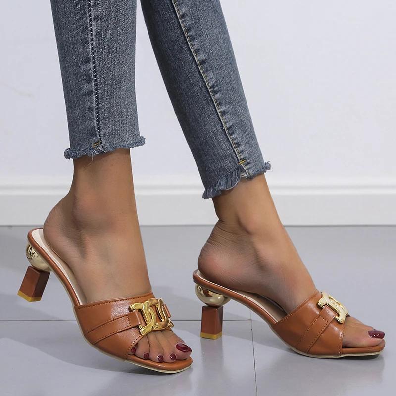 Summer Women's Slippers Sandals Shoes Female Golden Metal Chain Ladies Fashion Casual Slides Mules  Indoor Zapato Mujer