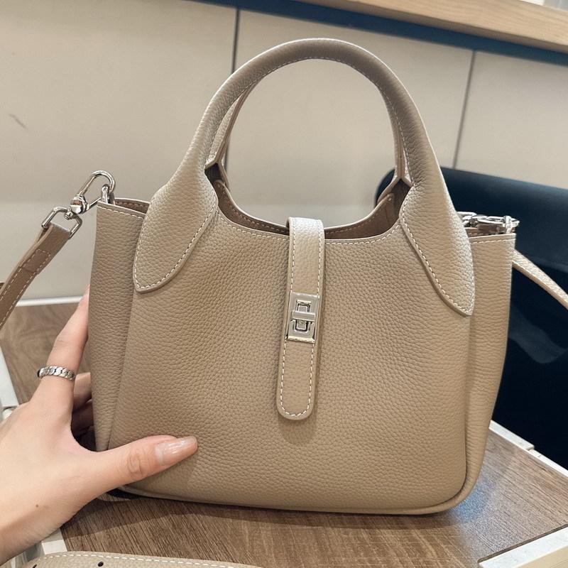 New first-layer cowhide leather high-end bucket bag vegetable basket bag single shoulder crossbody handbag women's bag