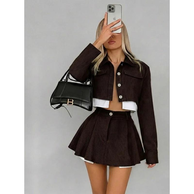 Womens Blue Cropped Blazer Skirt Set 2-Piece Street Style Casual Outfit