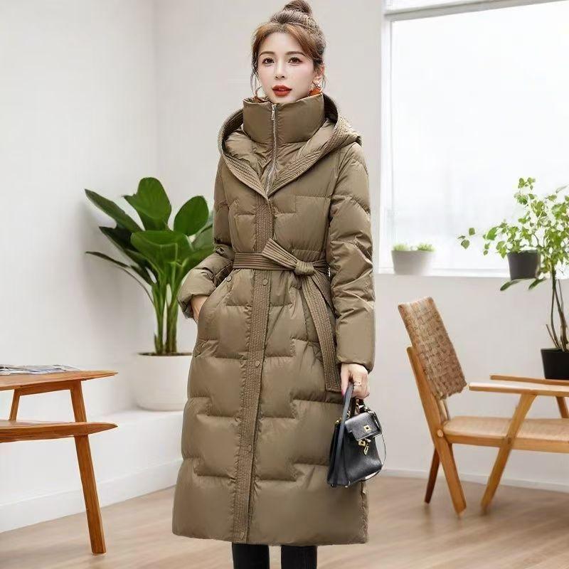 

Зимнее женское пальто на утином пуху с капюшоном на молнии, длинная верхняя одежда, повседневное толстое теплое однотонное пальто с поясом L зелёный