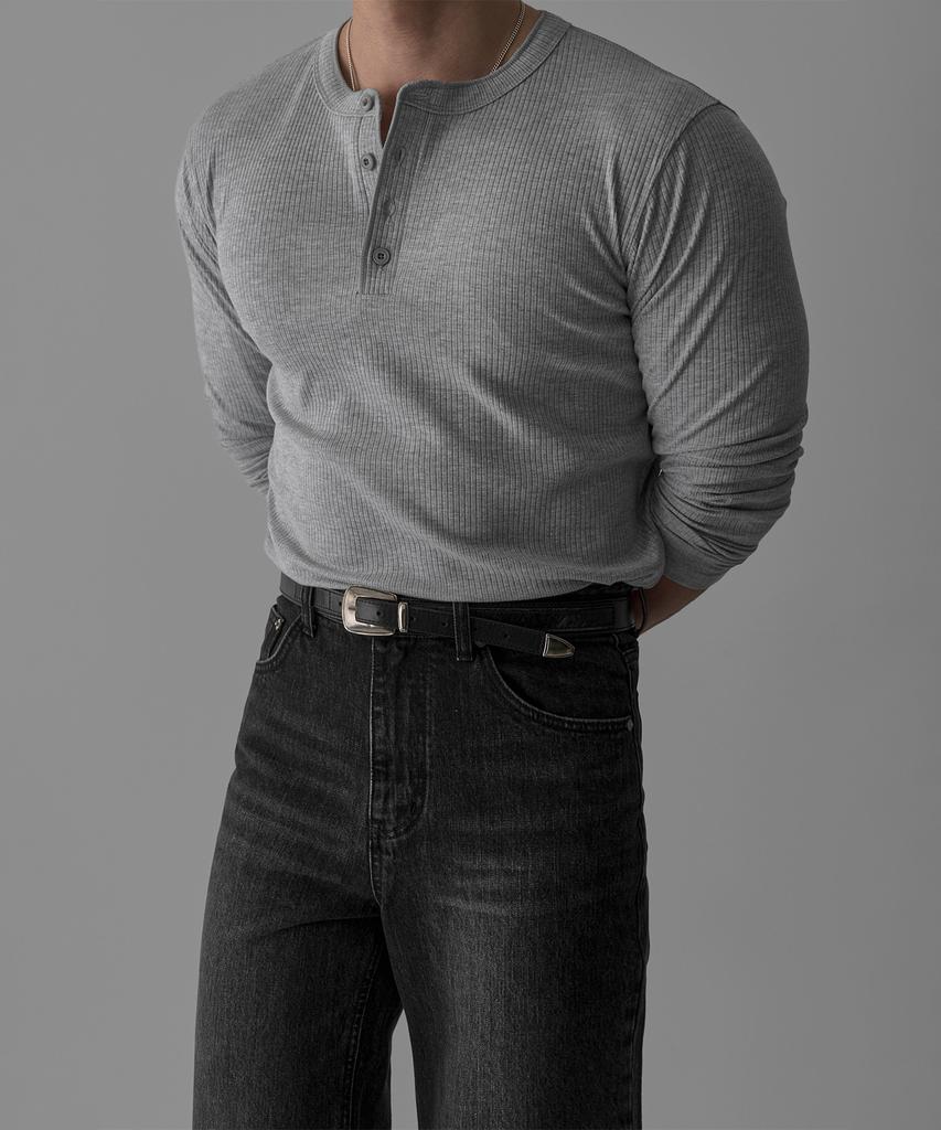 Baulopeulodeogteu Soft Ribbed Muscle Henley Neck Knit Tee [Gray]
