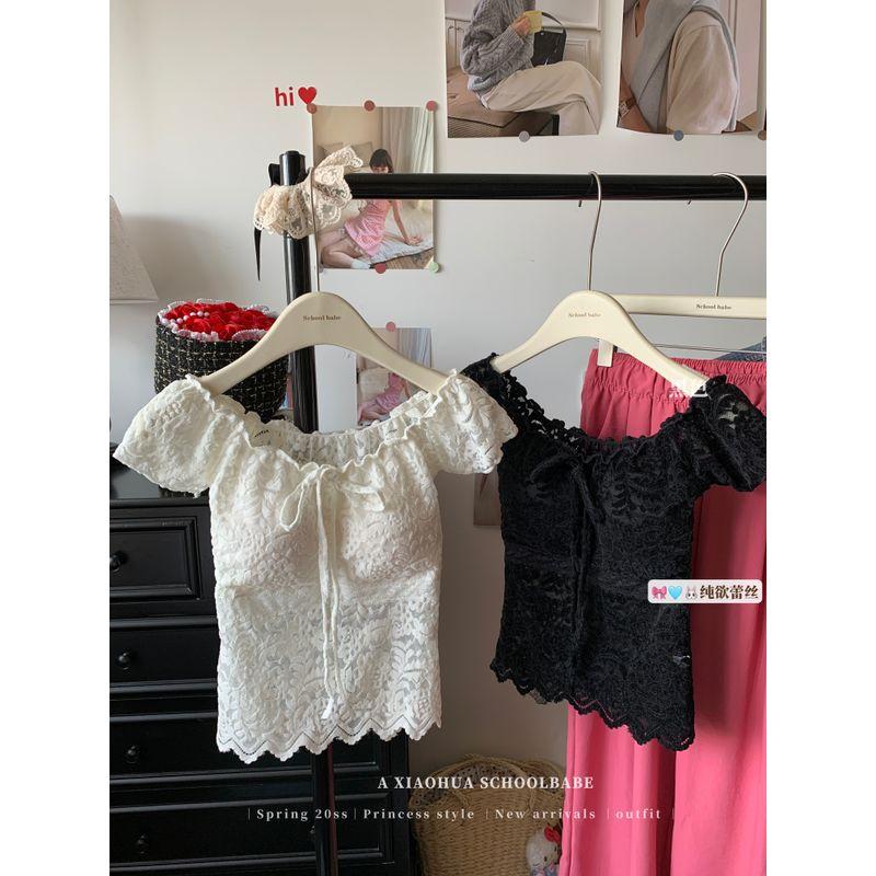 Kumikumi Pure Desire Style Solid Lace Stitching Sexy Short Sleeve T-shirt Women Summer Slim Fit Slimming Versatile Top