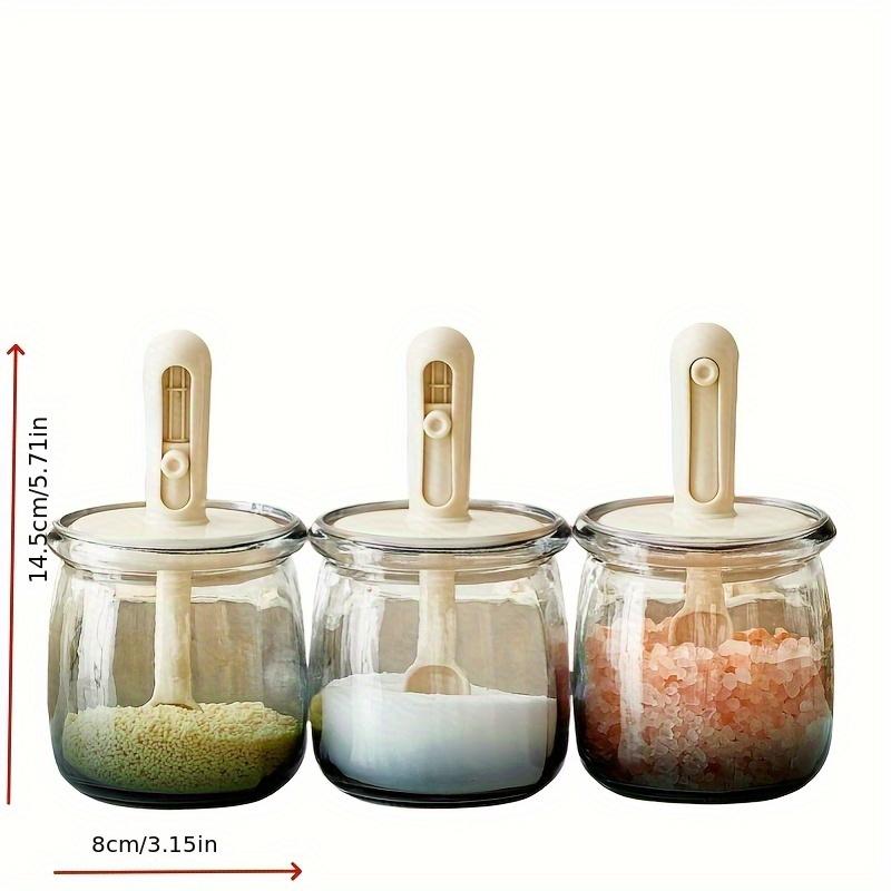 3pcs Glass Spice Jars with Airtight Lids , Retractable Spoons , Food Grade Moisture Proof Seasoning Containers for Salt, MSG, Herb